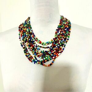 Multi 16 Strand Statement Beaded Rainbow Women’s Wood Clasp Necklace Weighted